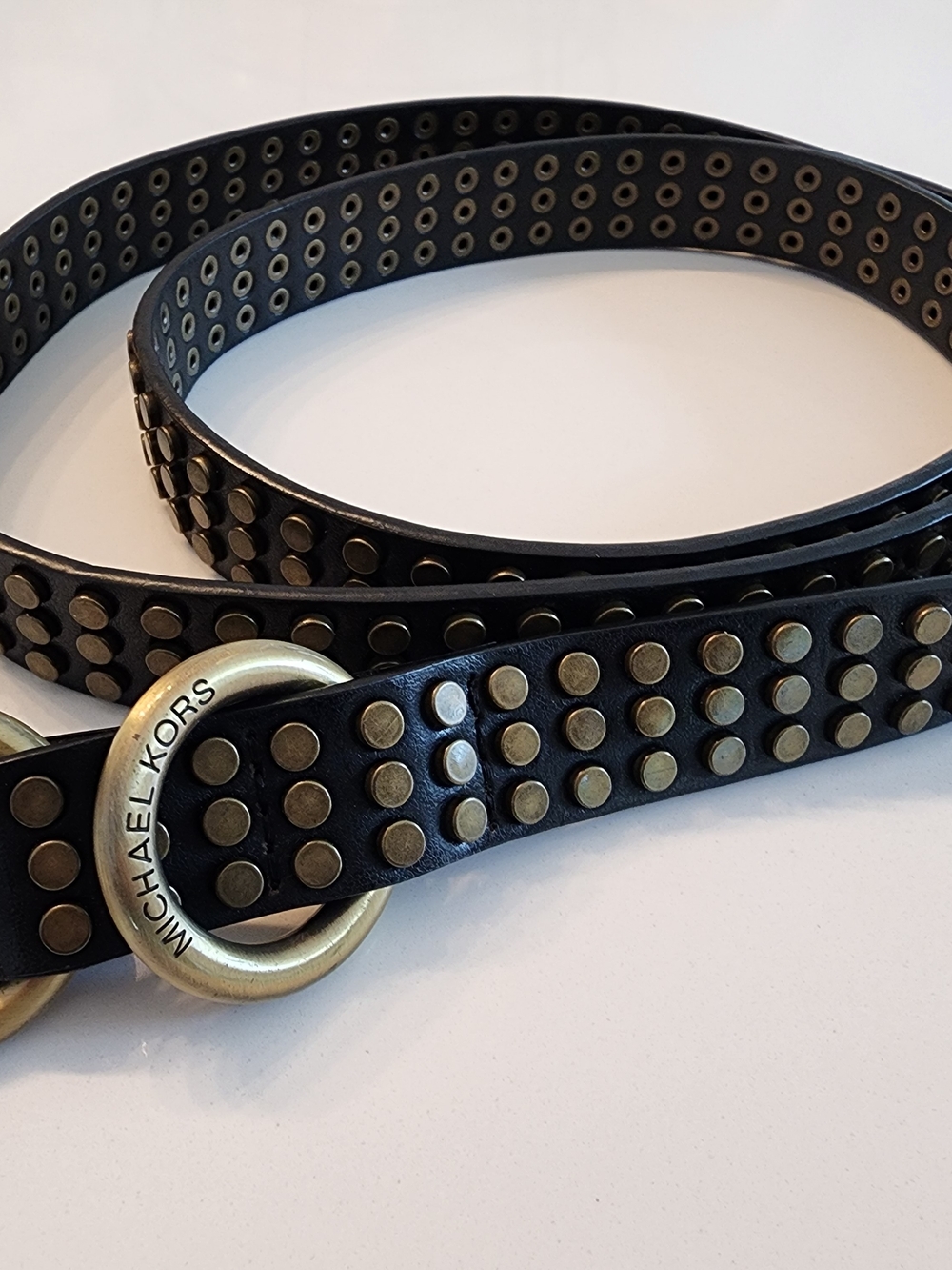 Michael Kors Black Leather Studded Belt with Gold Rings